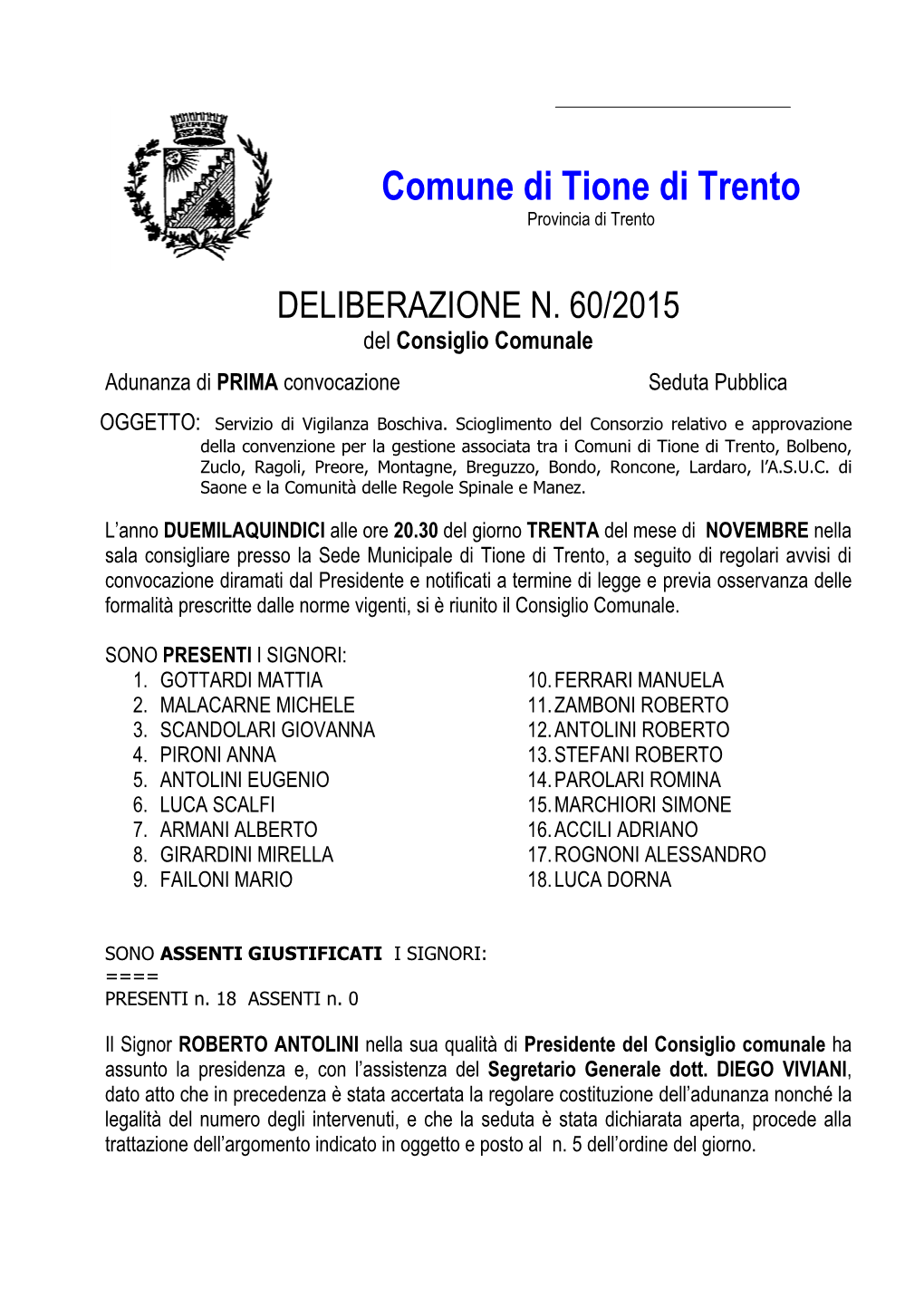 Comune Di Tione Di Trento Provincia Di Trento