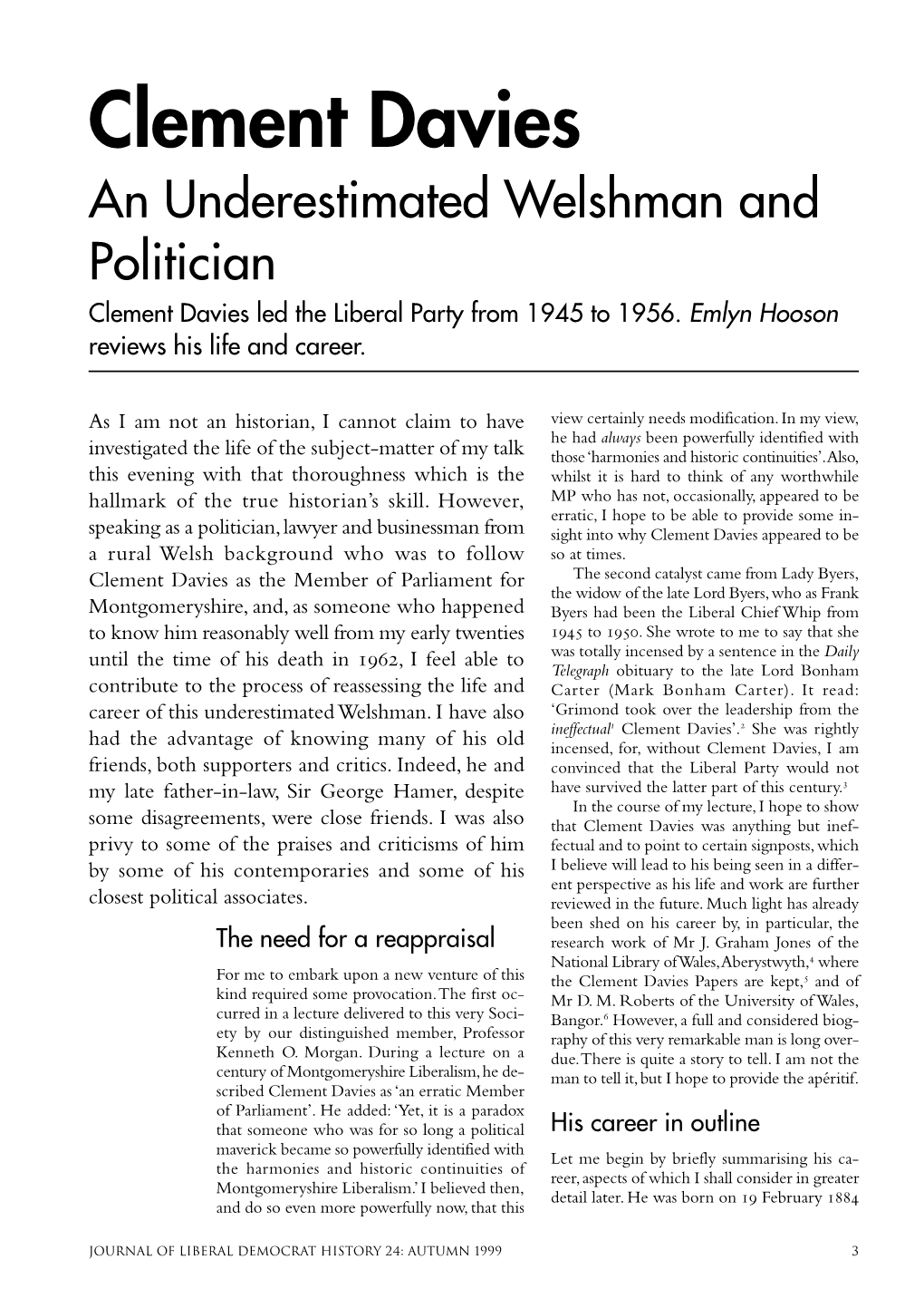 Clement Davies an Underestimated Welshman and Politician Clement Davies Led the Liberal Party from 1945 to 1956