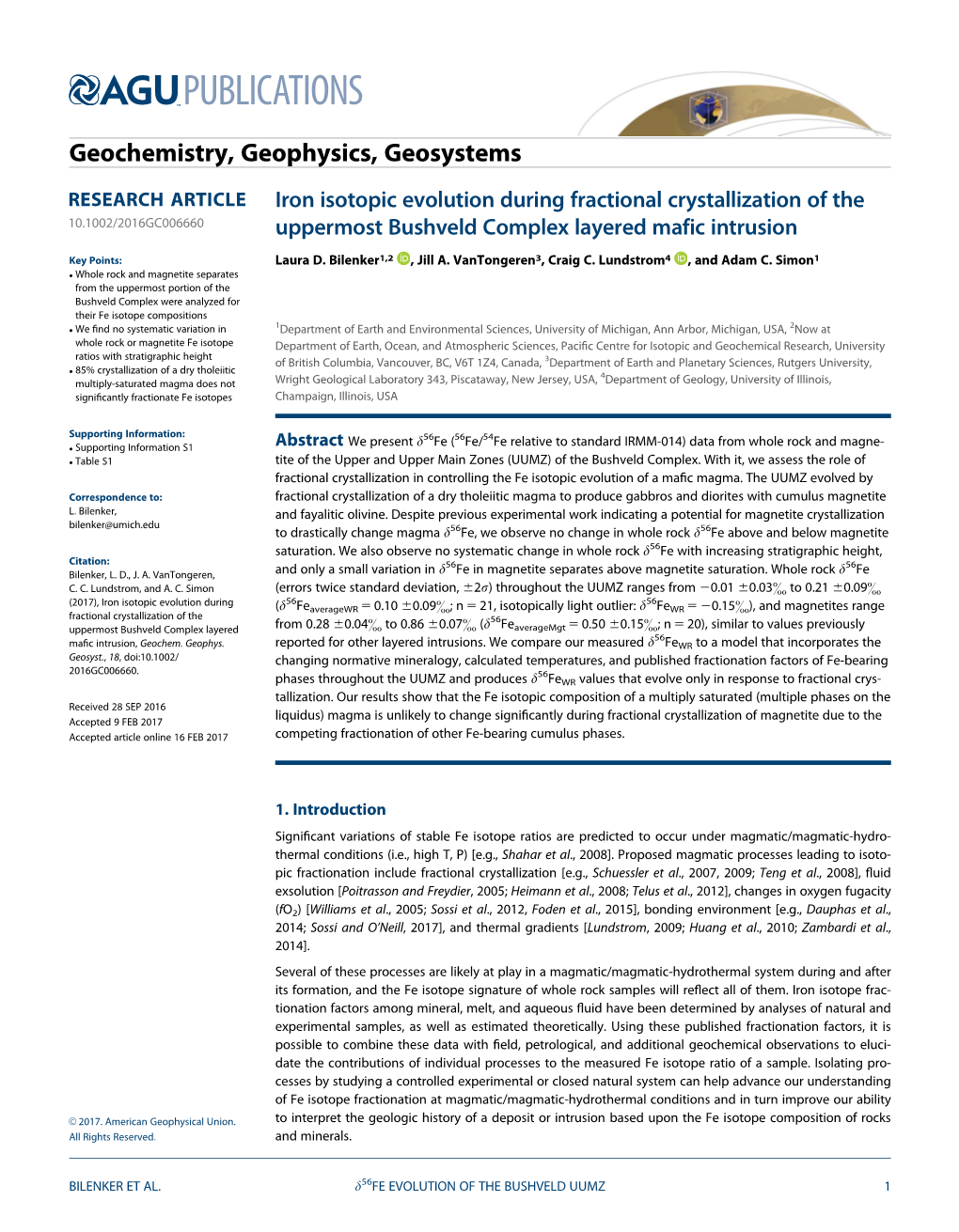 Iron Isotopic Evolution During Fractional Crystallization of the 10.1002/2016GC006660 Uppermost Bushveld Complex Layered Mafic Intrusion