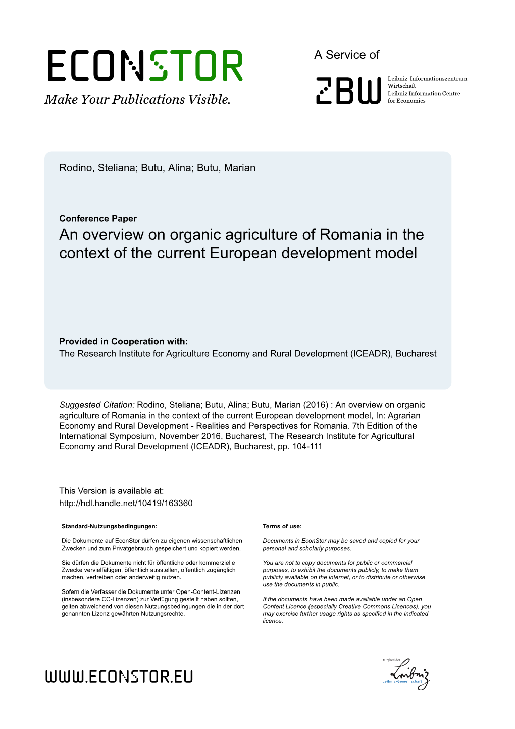 An Overview on Organic Agriculture of Romania in the Context of the Current European Development Model