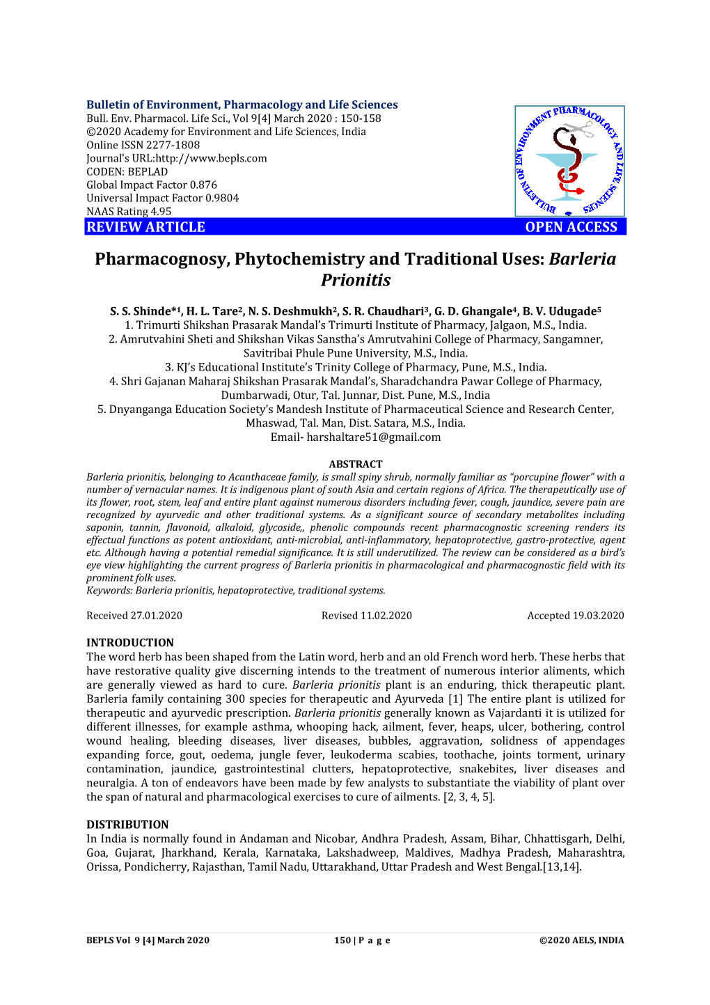 Pharmacognosy, Phytochemistry and Traditional Uses: Barleria Prionitis