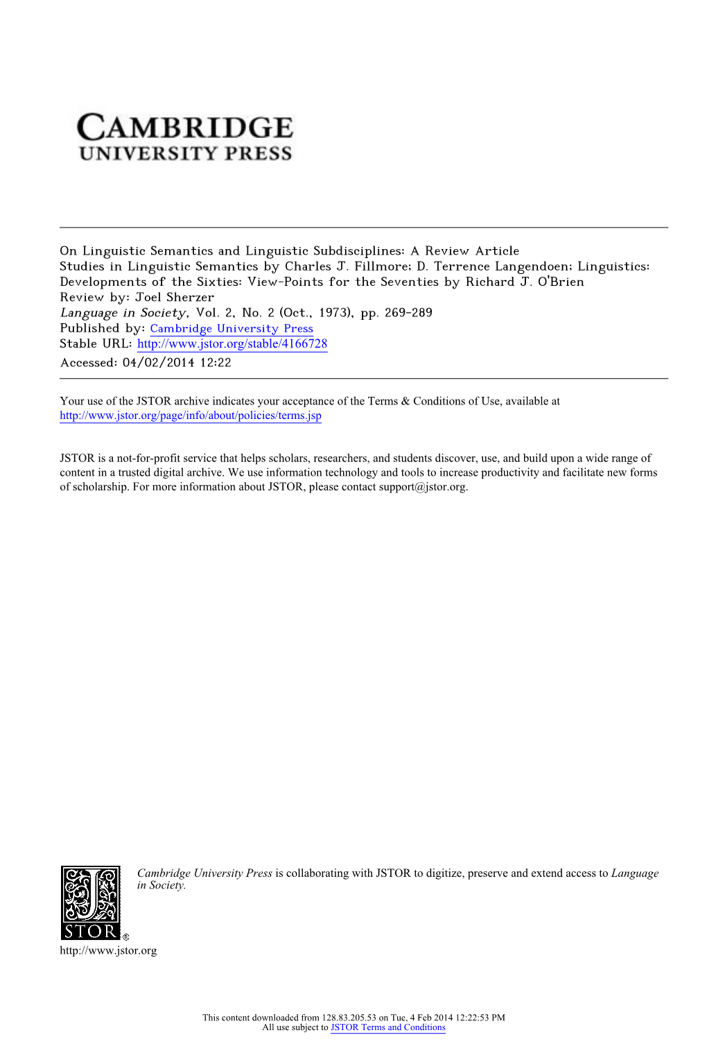 On Linguistic Semantics and Linguistic Subdisciplines: a Review Article Studies in Linguistic Semantics by Charles J