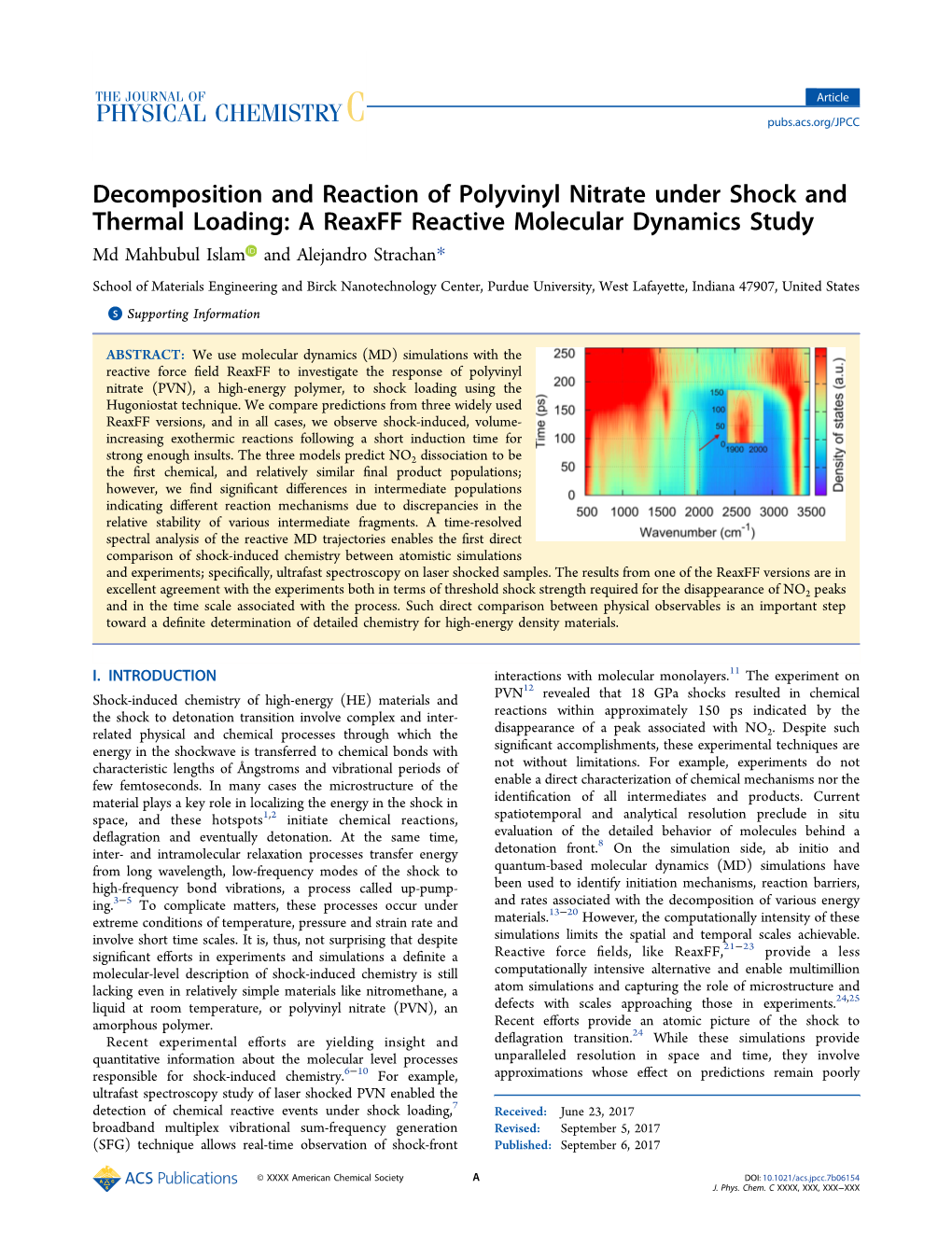 Decomposition and Reaction of Polyvinyl Nitrate Under Shock and Thermal Loading: a Reaxff Reactive Molecular Dynamics Study Md Mahbubul Islam and Alejandro Strachan*