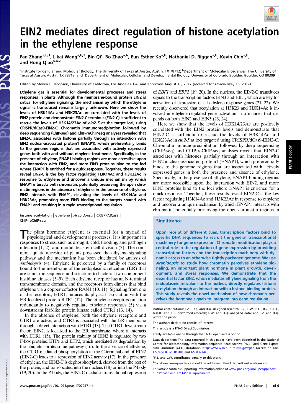 EIN2 Mediates Direct Regulation of Histone Acetylation in the Ethylene Response