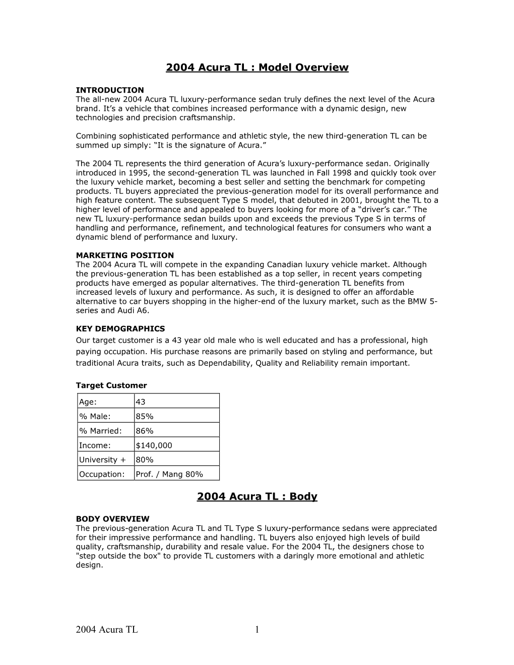 Model Overview 2004 Acura TL