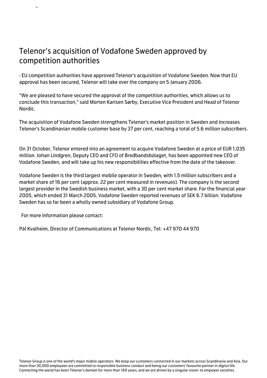 S Acquisition of Vodafone Sweden Approved by Competition Authorities