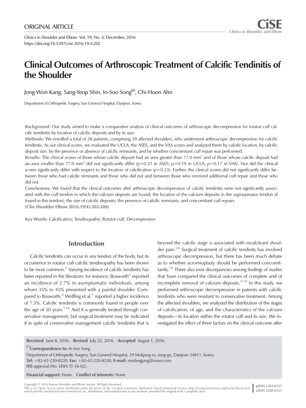 Clinical Outcomes of Arthroscopic Treatment of Calcific Tendinitis of the Shoulder