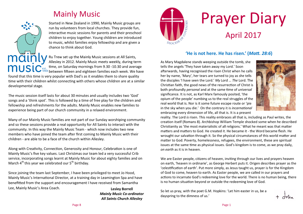 Prayer Diary Run by Volunteers from Local Churches