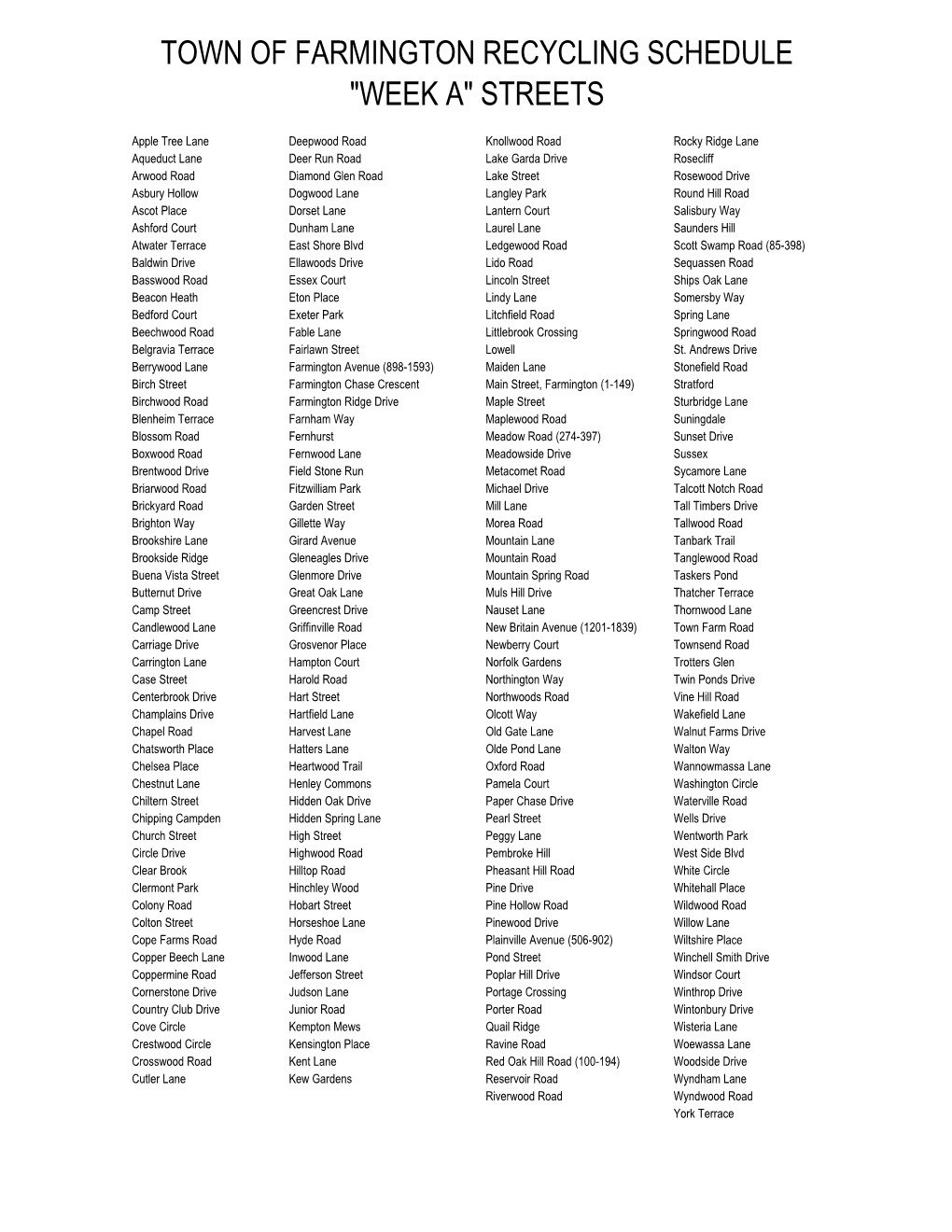 Town of Farmington Recycling Schedule 