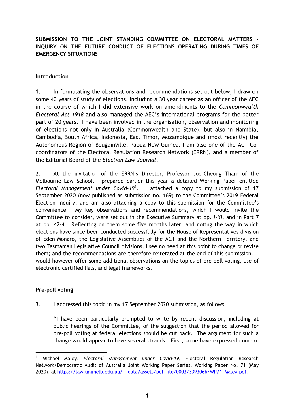 Submission to the Joint Standing Committee on Electoral Matters – Inquiry on the Future Conduct of Elections Operating During Times of Emergency Situations