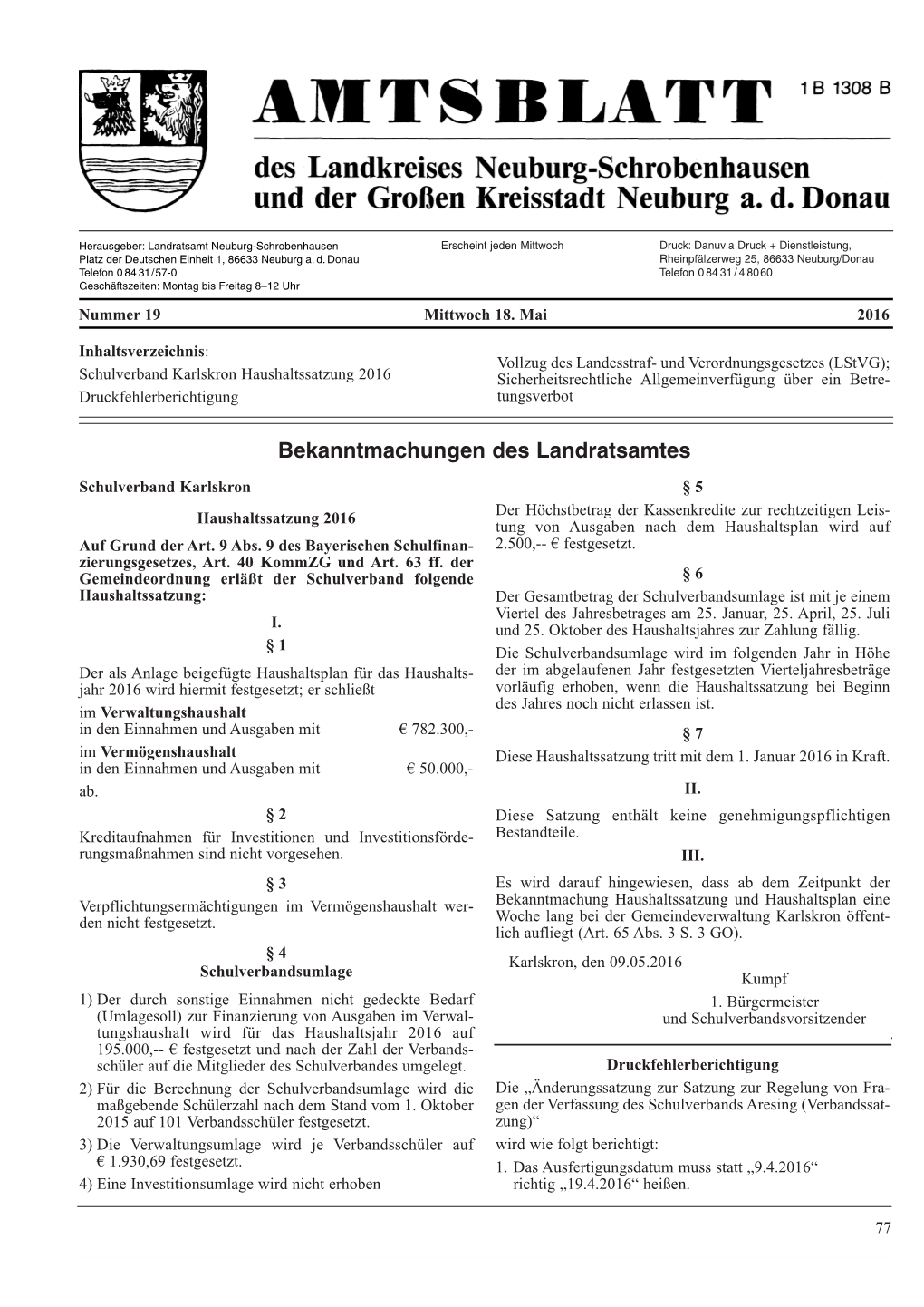 Bekanntmachungen Des Landratsamtes