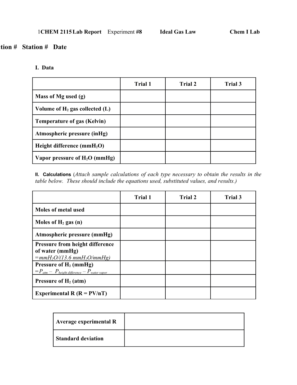 CHEM 2115 Lab Report Experiment #8 Ideal Gas Law Chem I Lab