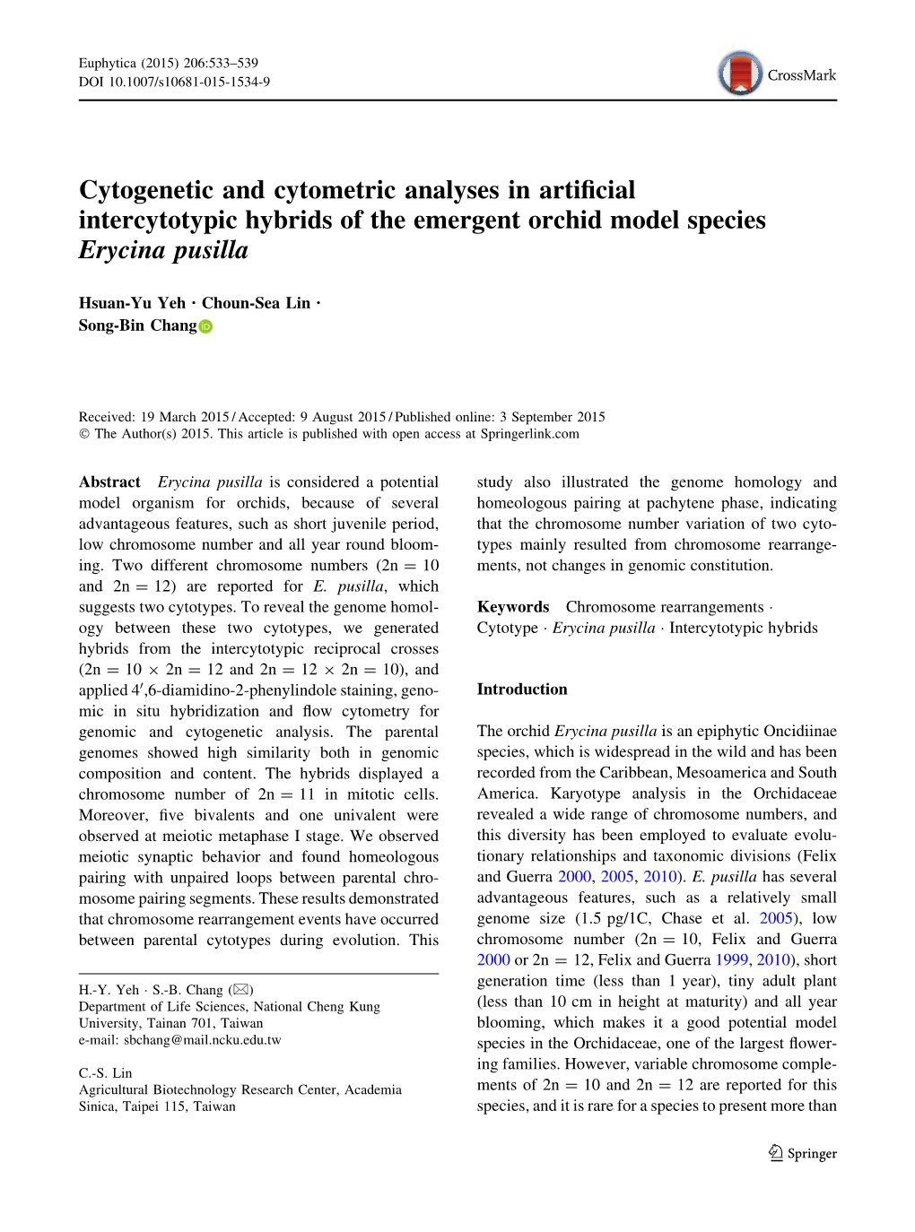 Cytogenetic and Cytometric Analyses in Artificial Intercytotypic Hybrids of the Emergent Orchid Model Species Erycina Pusilla