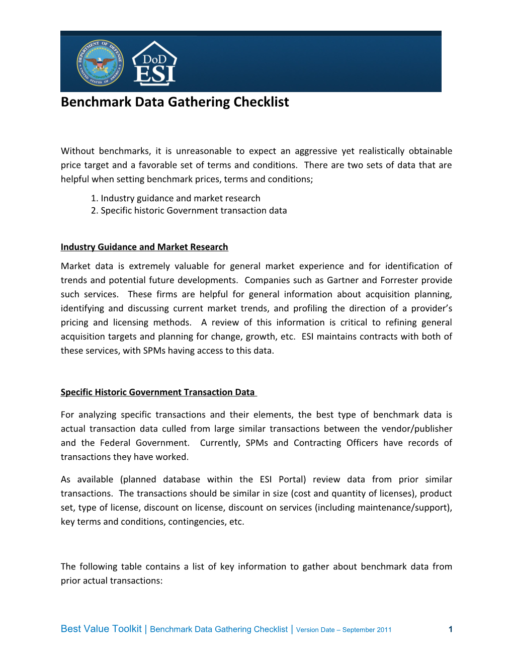 Benchmark Data Gathering Checklist
