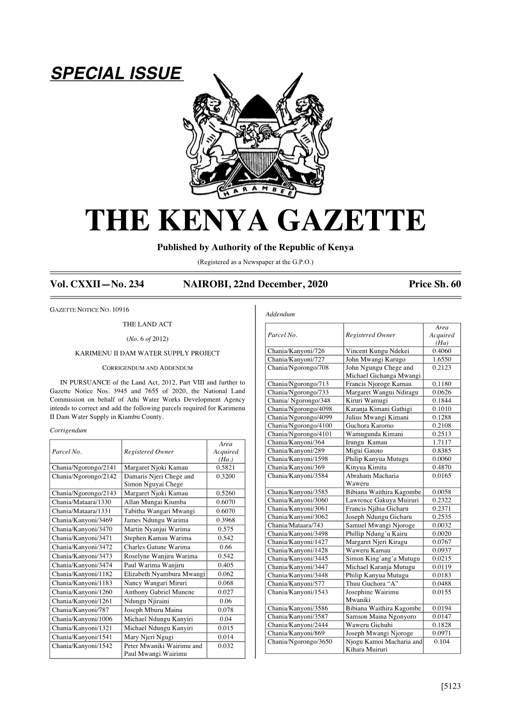 THE KENYA GAZETTE Published by Authority of the Republic of Kenya (Registered As a Newspaper at the G.P.O.)