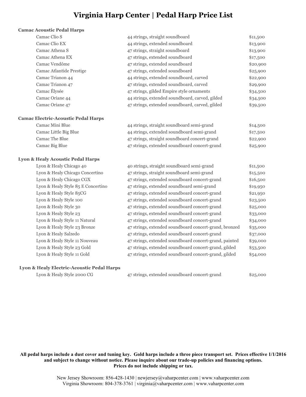 Pedal Harp Price List