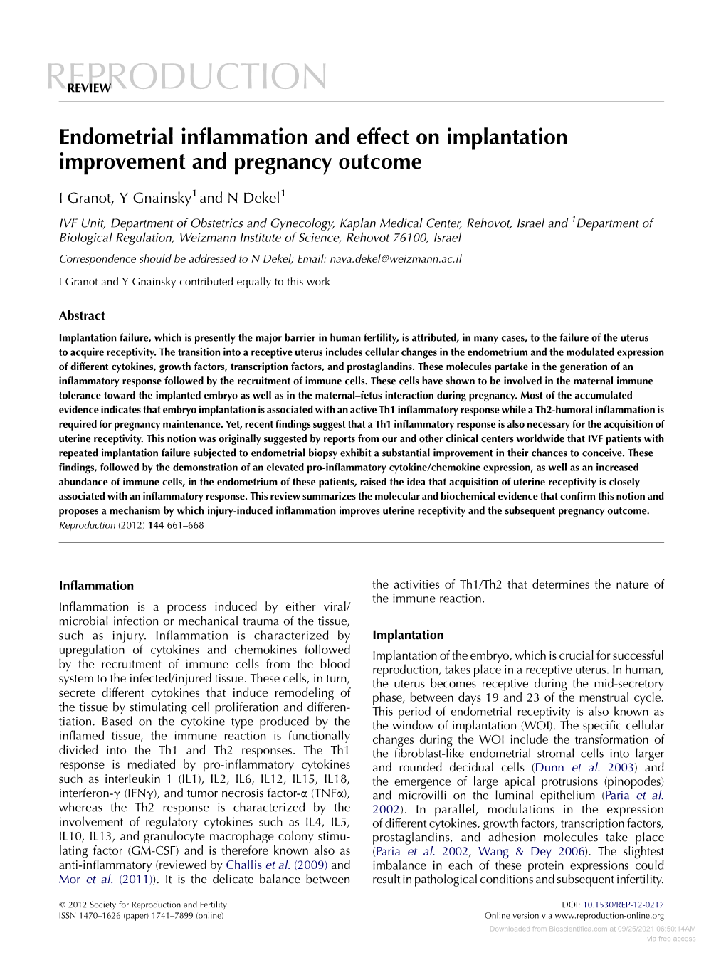 Endometrial Inflammation and Effect on Implantation Improvement And
