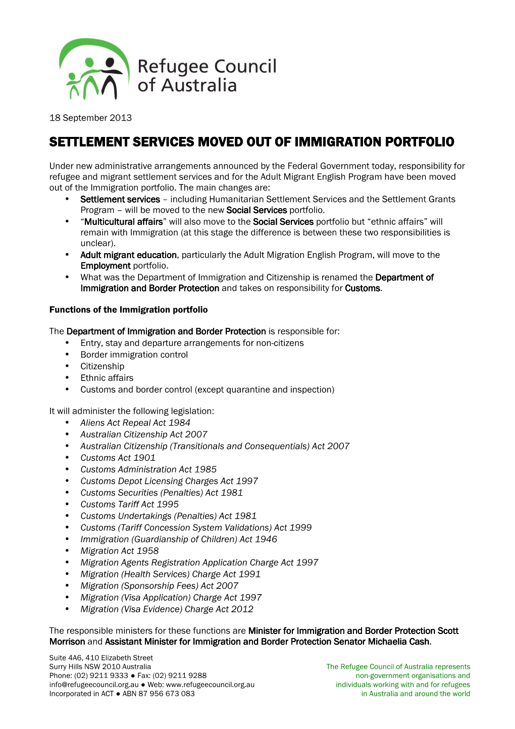 Refugee Council of Australia Summary