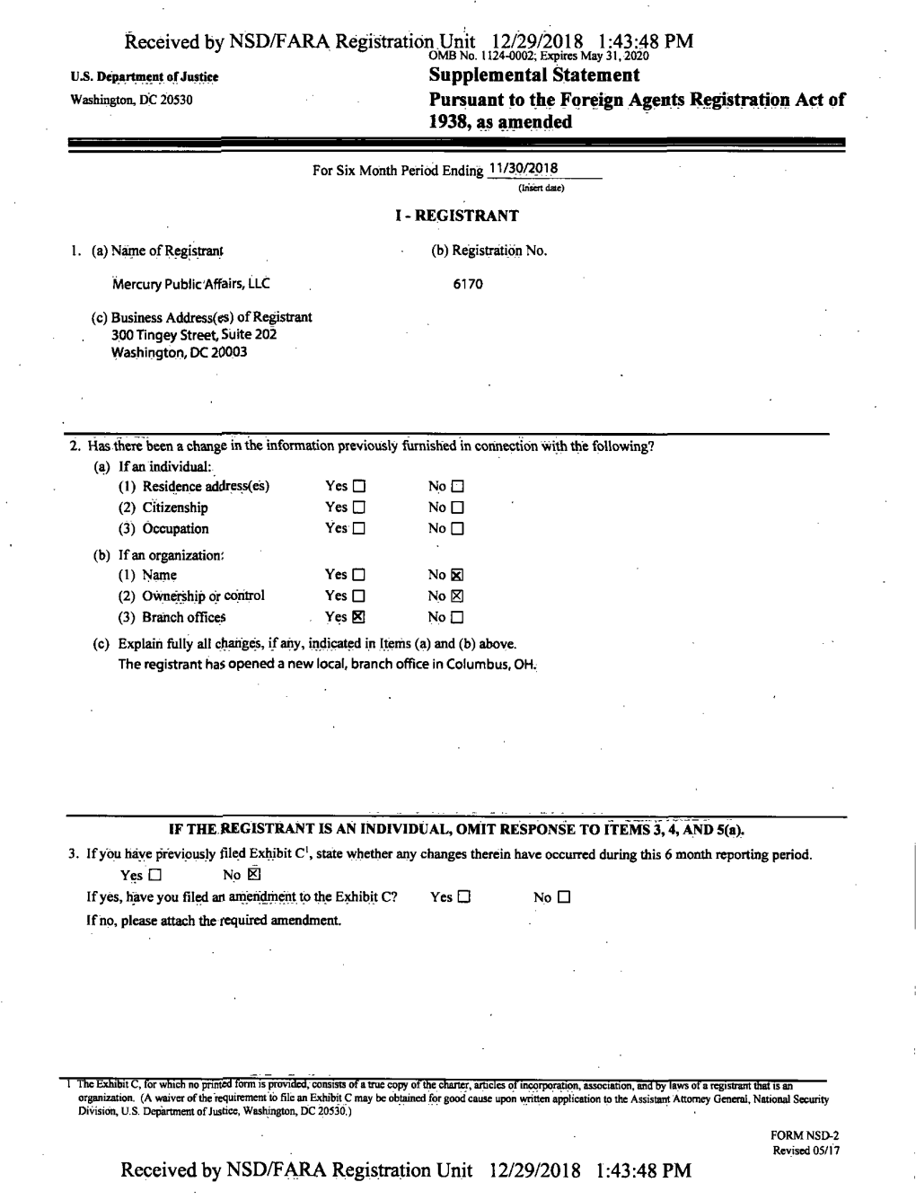 Received by NSD/FARA Registration Unit 12/29/2018 1:43:48 PM J 49 OMB No