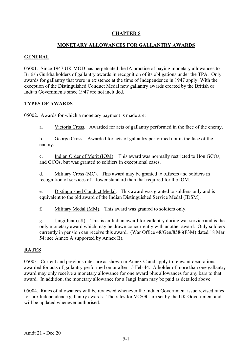 Chapter 5: Monetary Allowances for Gallantry Awards