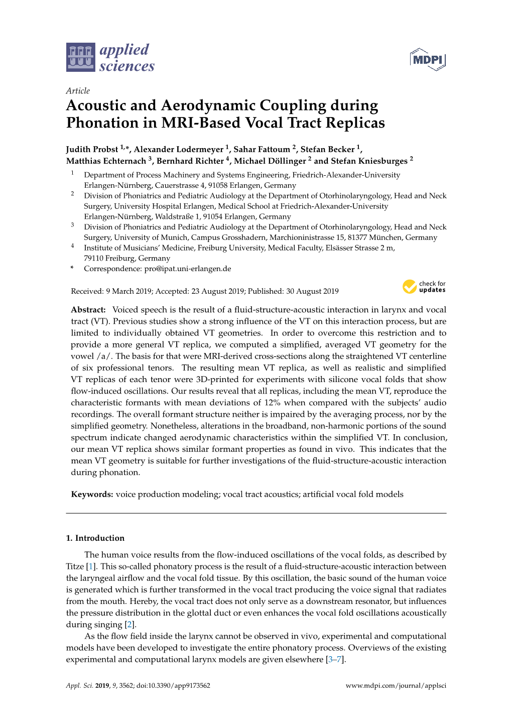 Acoustic and Aerodynamic Coupling During Phonation in MRI-Based Vocal Tract Replicas