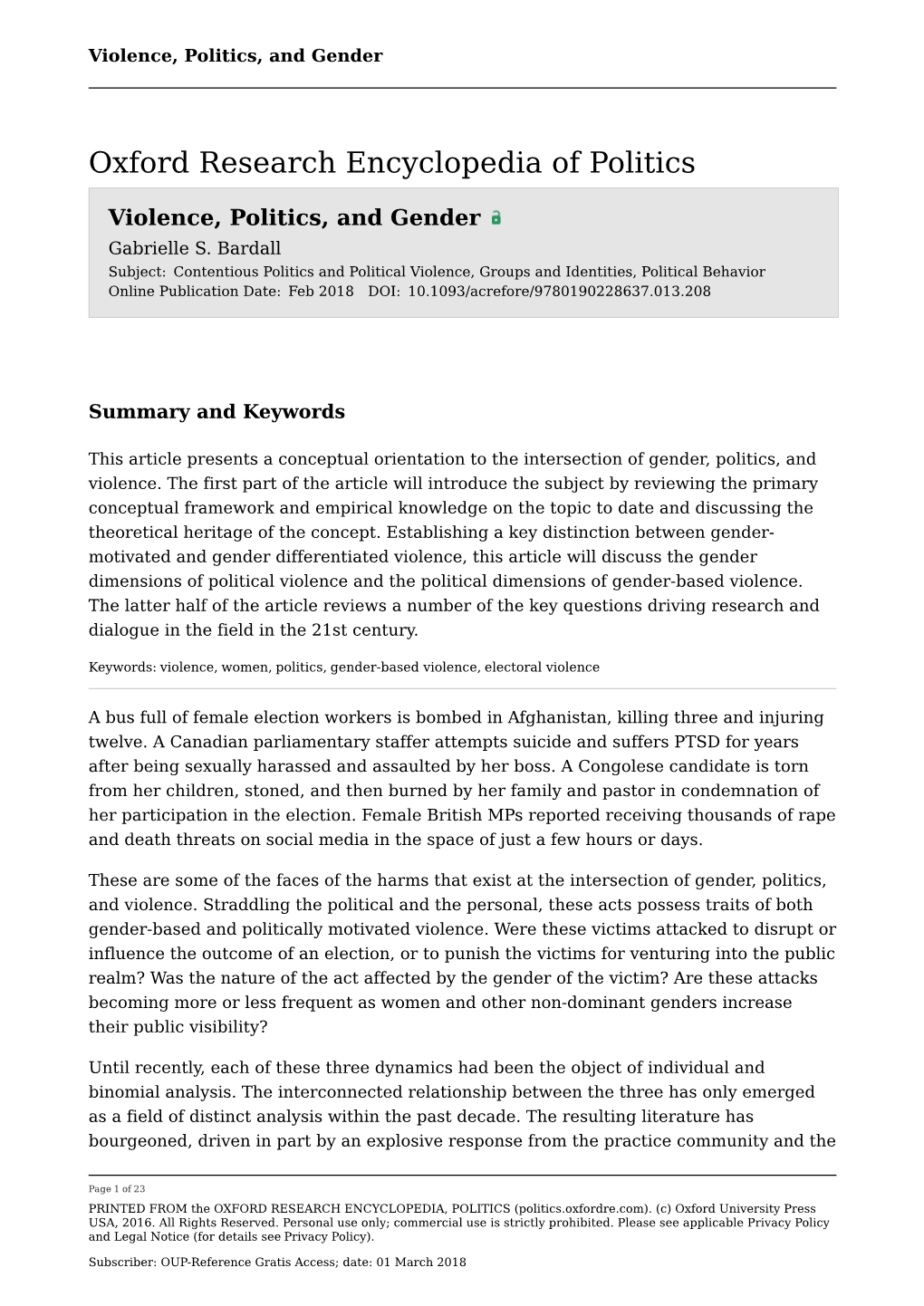 Violence, Politics, and Gender