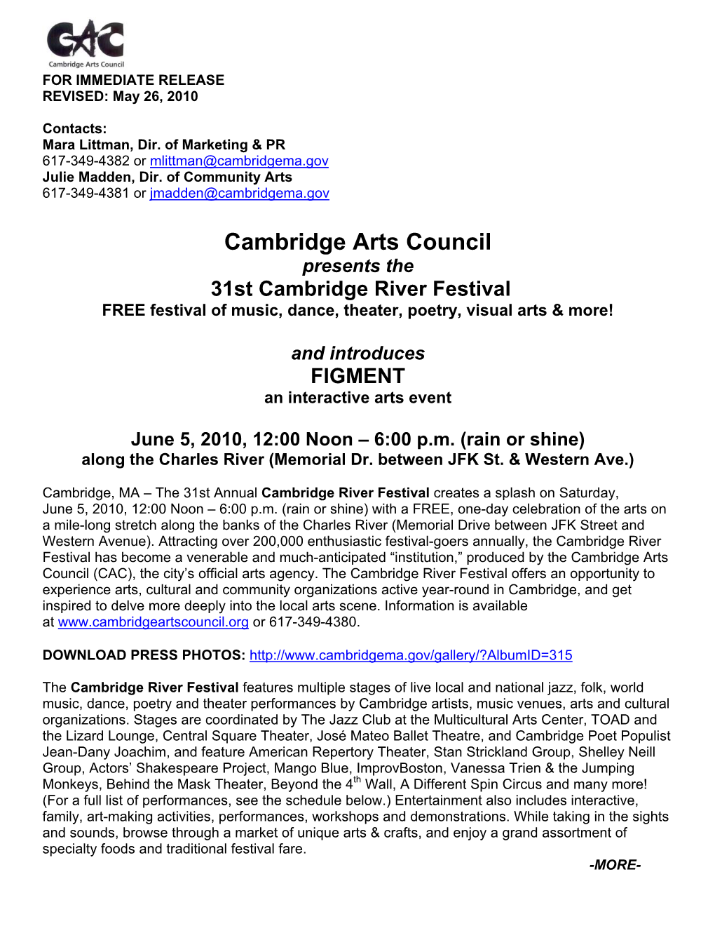 Cambridge Arts Council Presents the 31St Cambridge River Festival FREE Festival of Music, Dance, Theater, Poetry, Visual Arts & More!