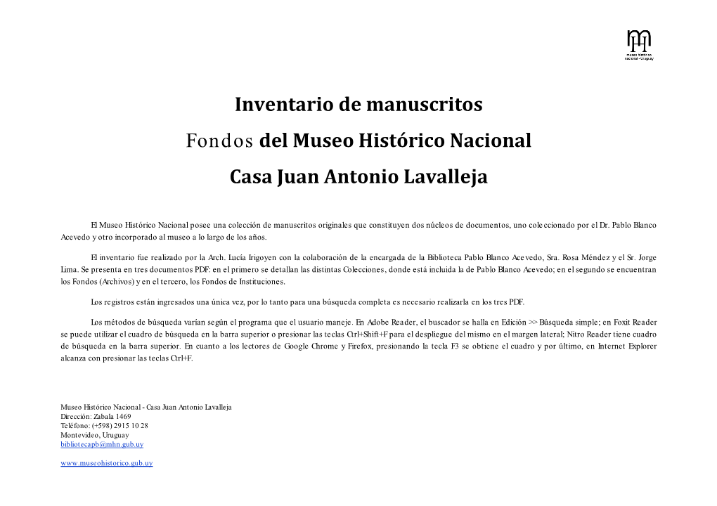 Inventario De Manuscritos Fondos Del Museo Histórico Nacional Casa Juan Antonio Lavalleja