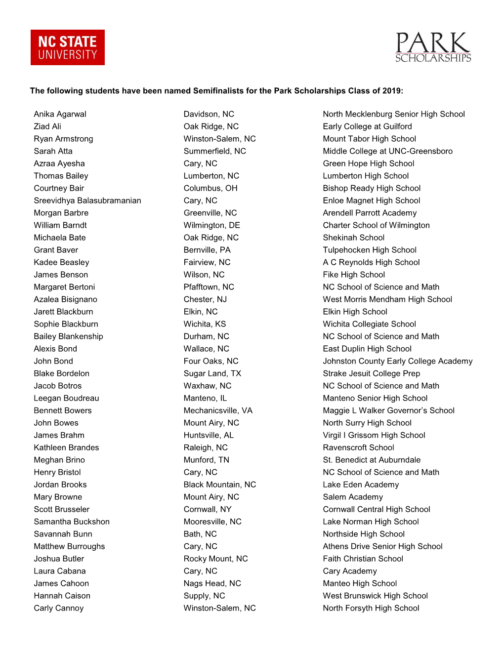 The Following Students Have Been Named Semifinalists for the Park Scholarships Class of 2019