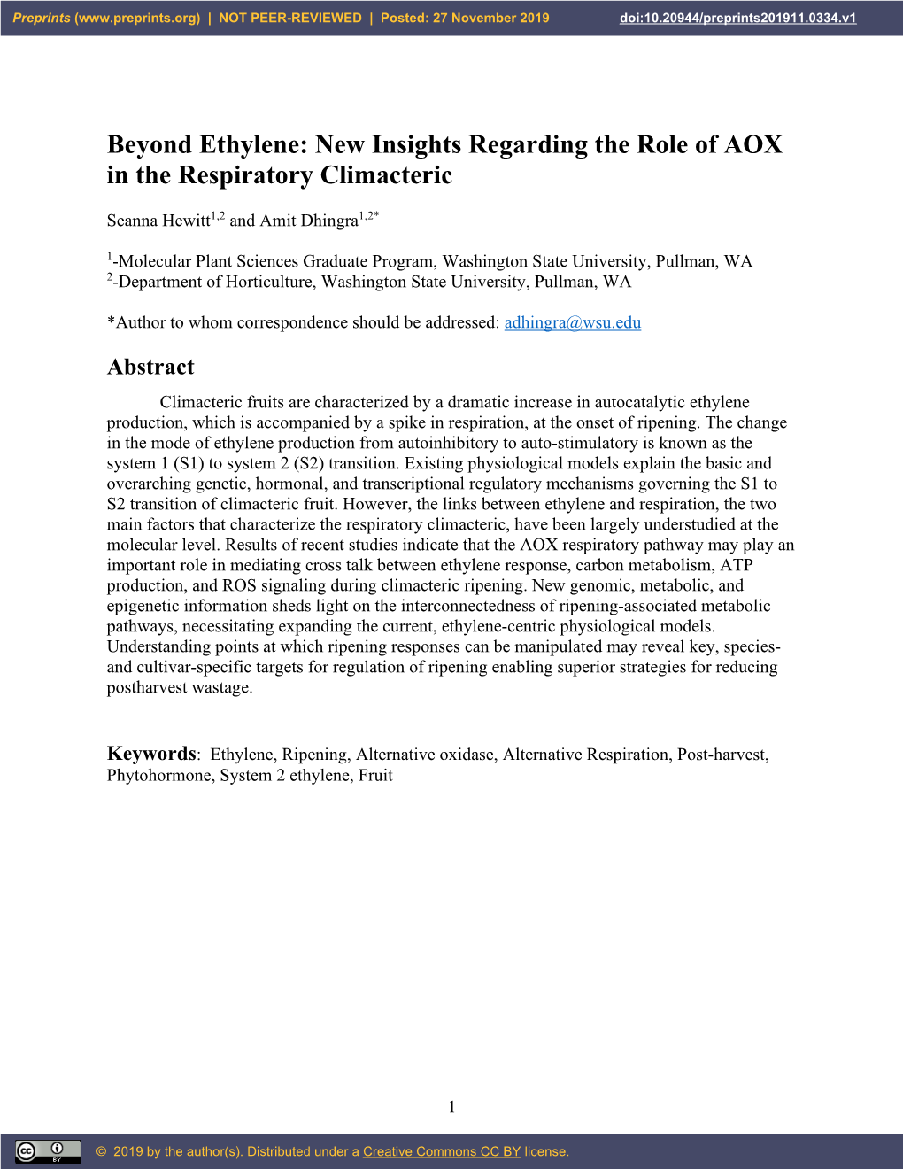 Beyond Ethylene: New Insights Regarding the Role of AOX in the Respiratory Climacteric