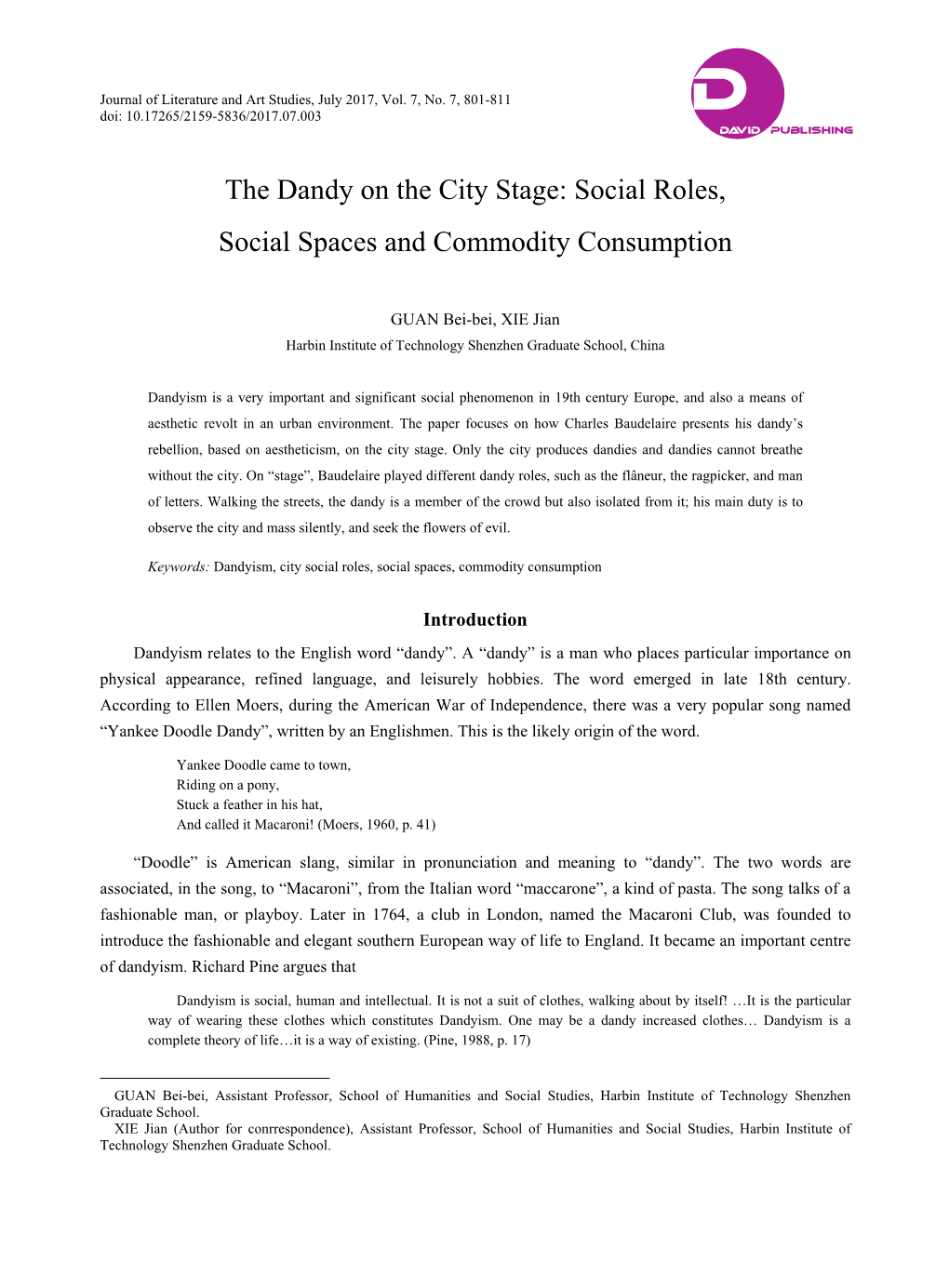 The Dandy on the City Stage: Social Roles, Social Spaces and Commodity Consumption