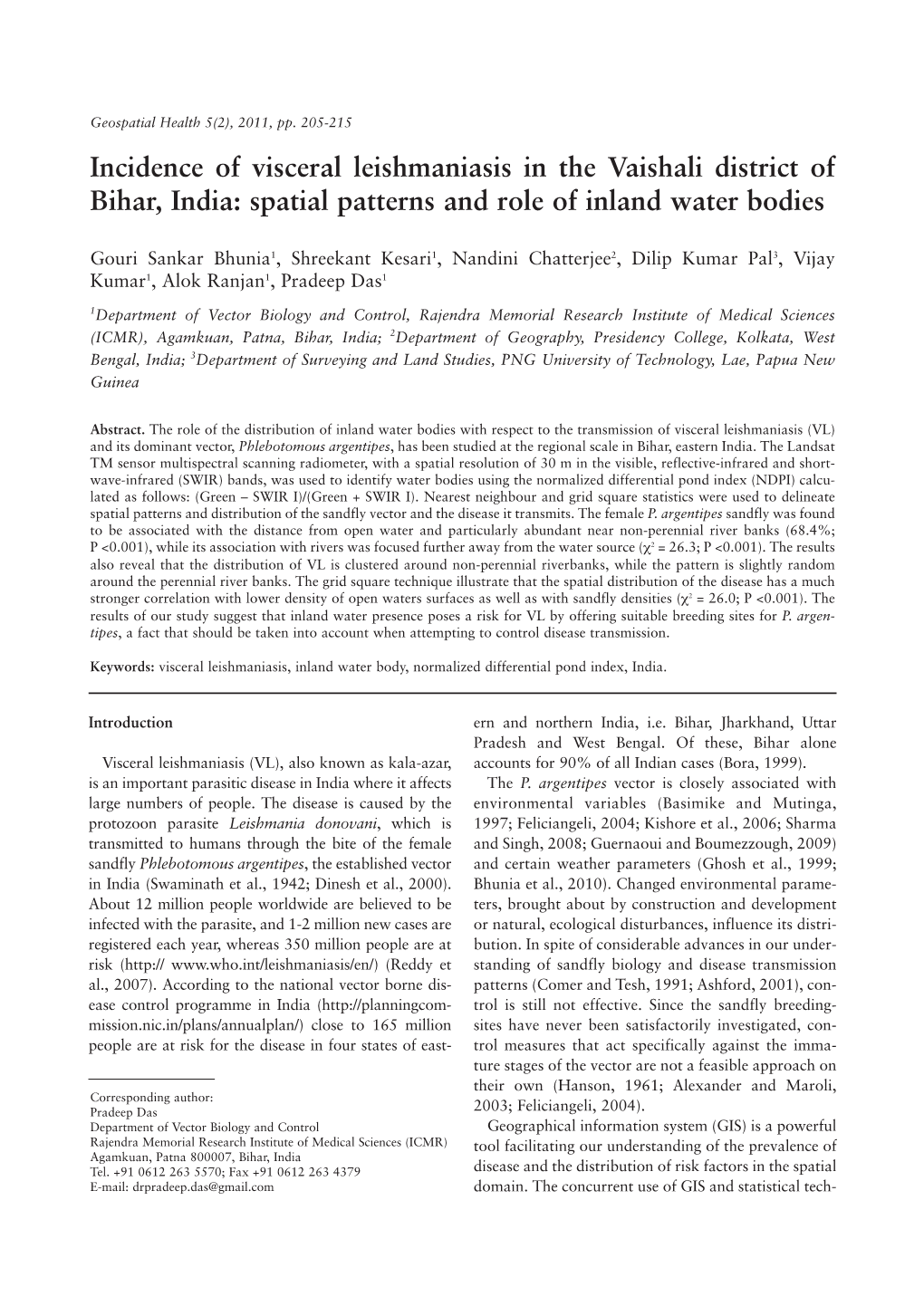 Incidence of Visceral Leishmaniasis in the Vaishali District of Bihar, India: Spatial Patterns and Role of Inland Water Bodies