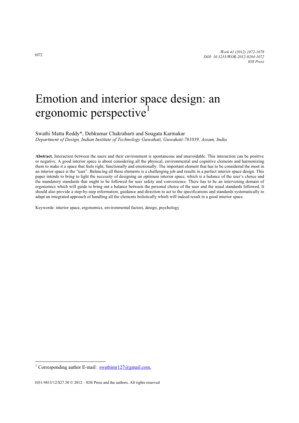 Emotion and Interior Space Design: an Ergonomic Perspective1