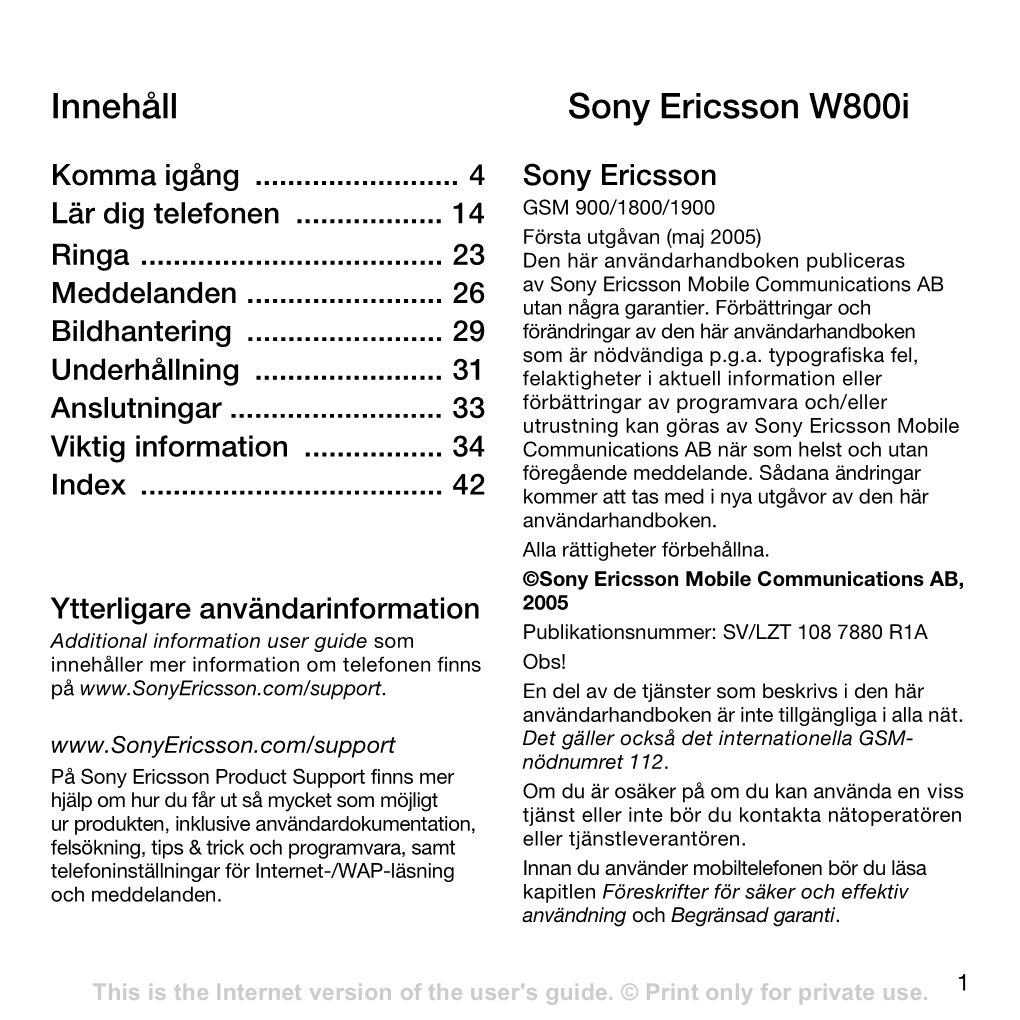 Innehåll Sony Ericsson W800i