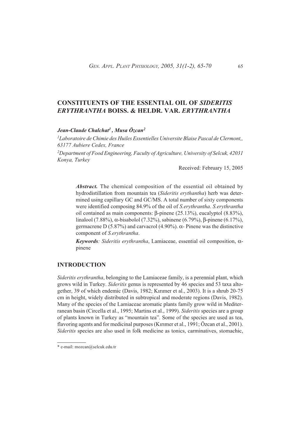 Constituents of the Essential Oil of Sideritis Erythrantha Boiss. & Heldr. Var. Erythrantha