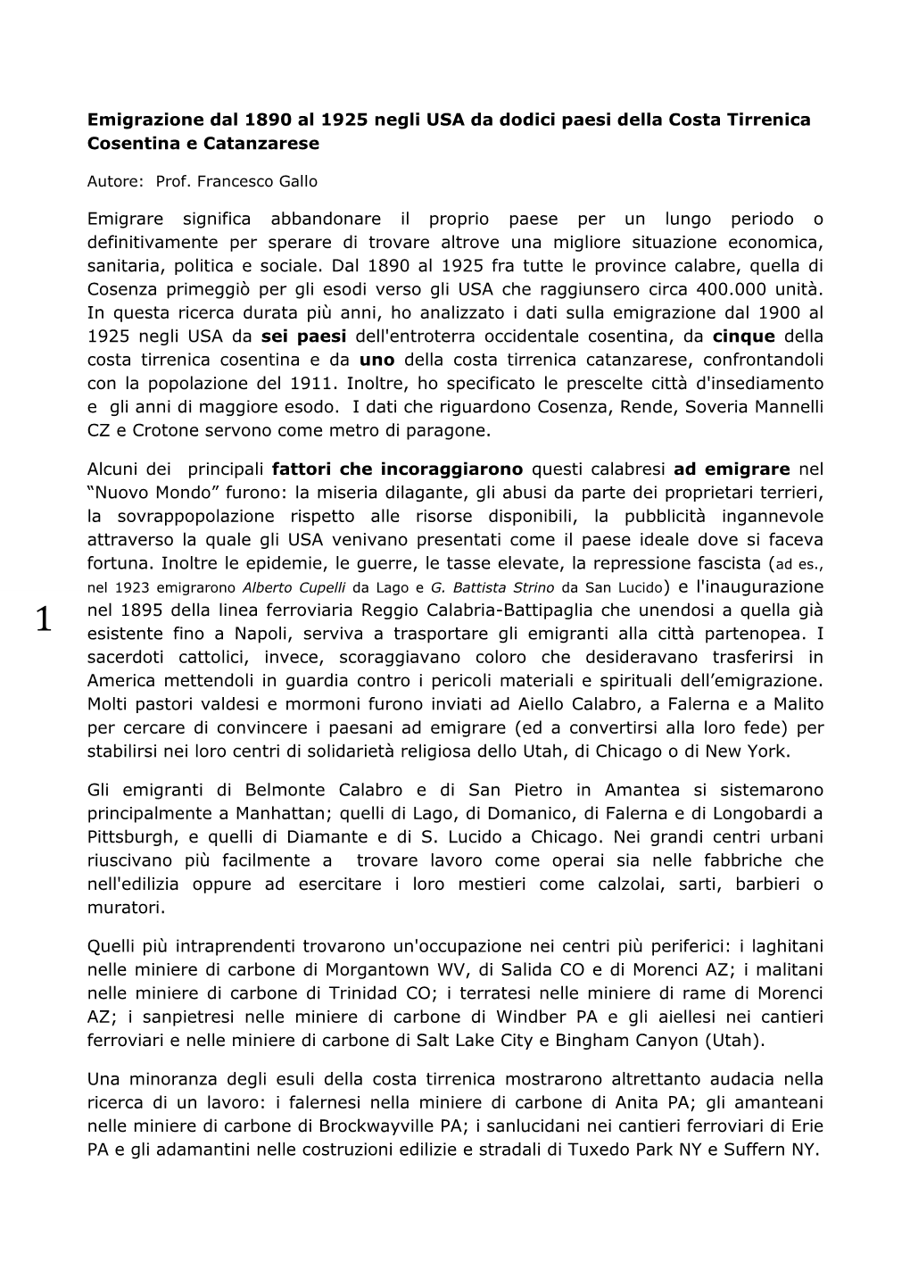 Emigrazione Dal 1890 Al 1925 Negli USA Da Dodici Paesi Della Costa Tirrenica Cosentina E Catanzarese