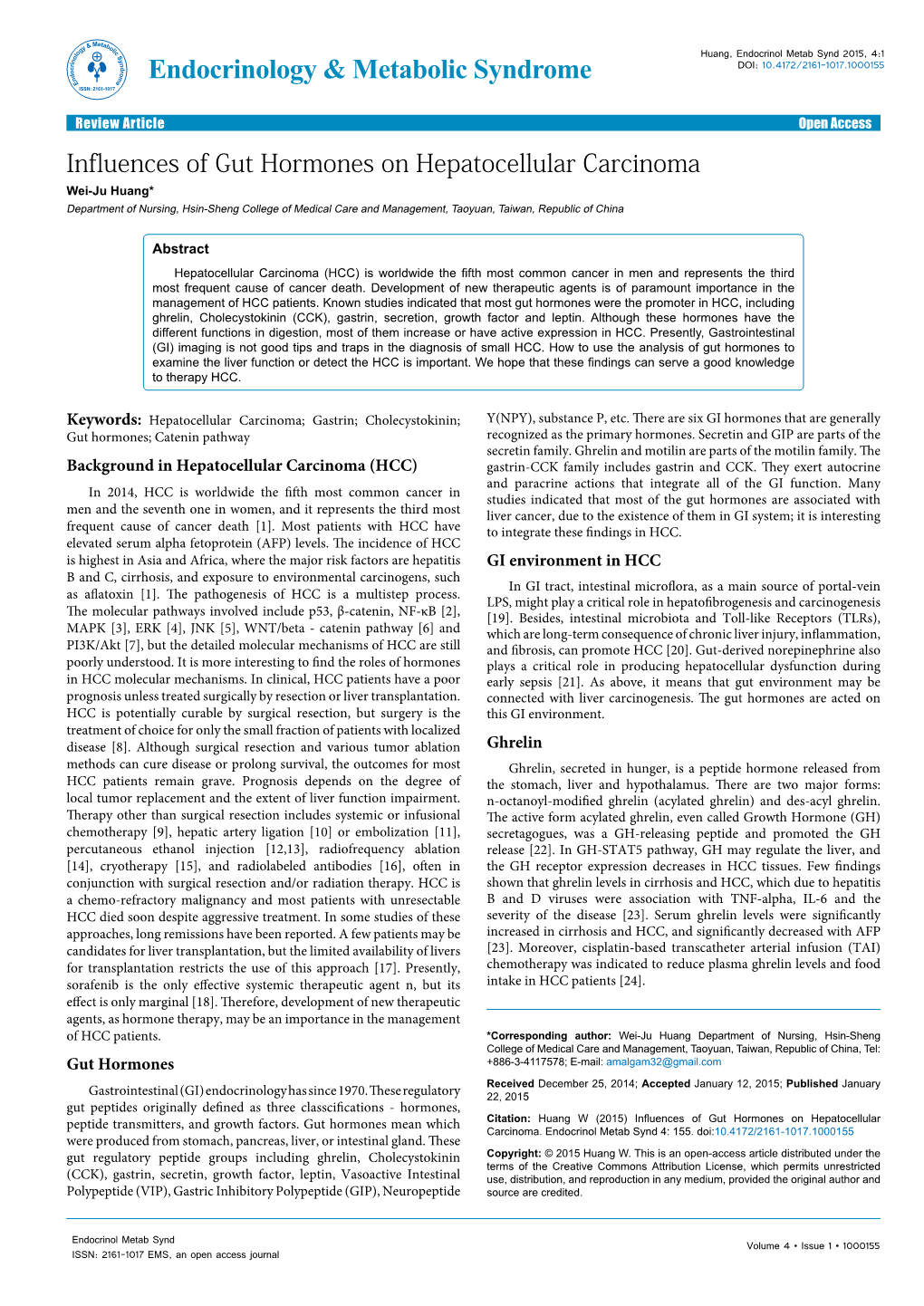 Influences of Gut Hormones on Hepatocellular Carcinoma