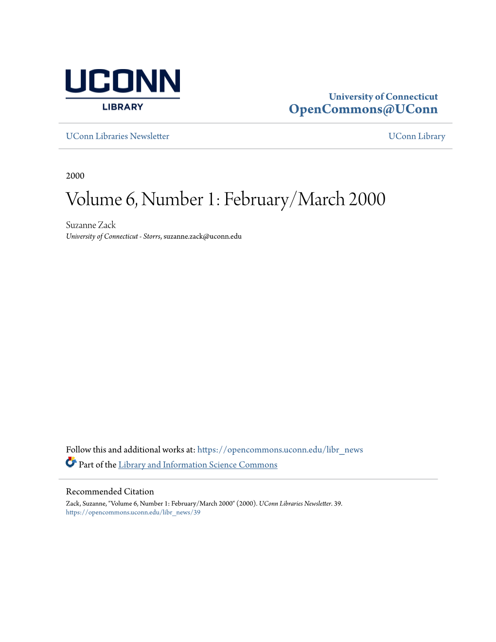 February/March 2000 Suzanne Zack University of Connecticut - Storrs, Suzanne.Zack@Uconn.Edu