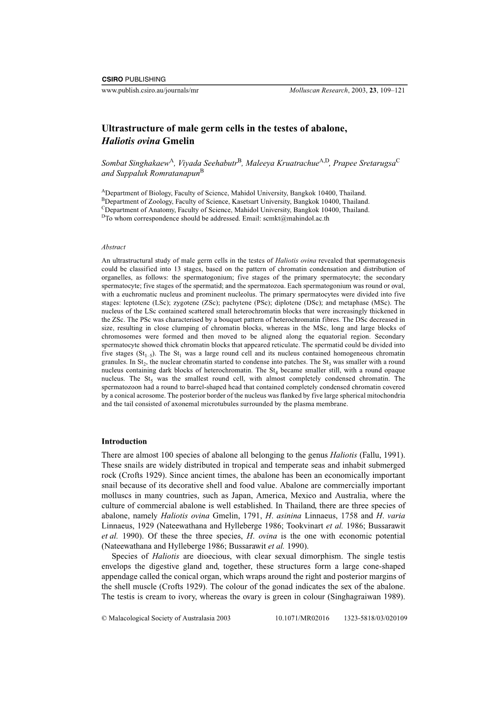 Ultrastructure of Male Germ Cells in the Testes of Abalone, Haliotis Ovina Gmelin