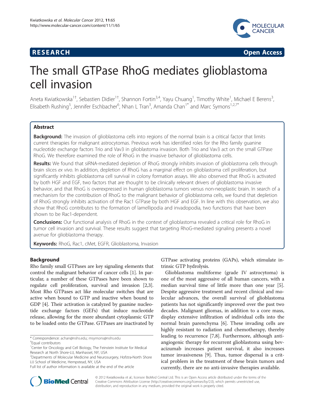 The Small Gtpase Rhog Mediates Glioblastoma Cell Invasion