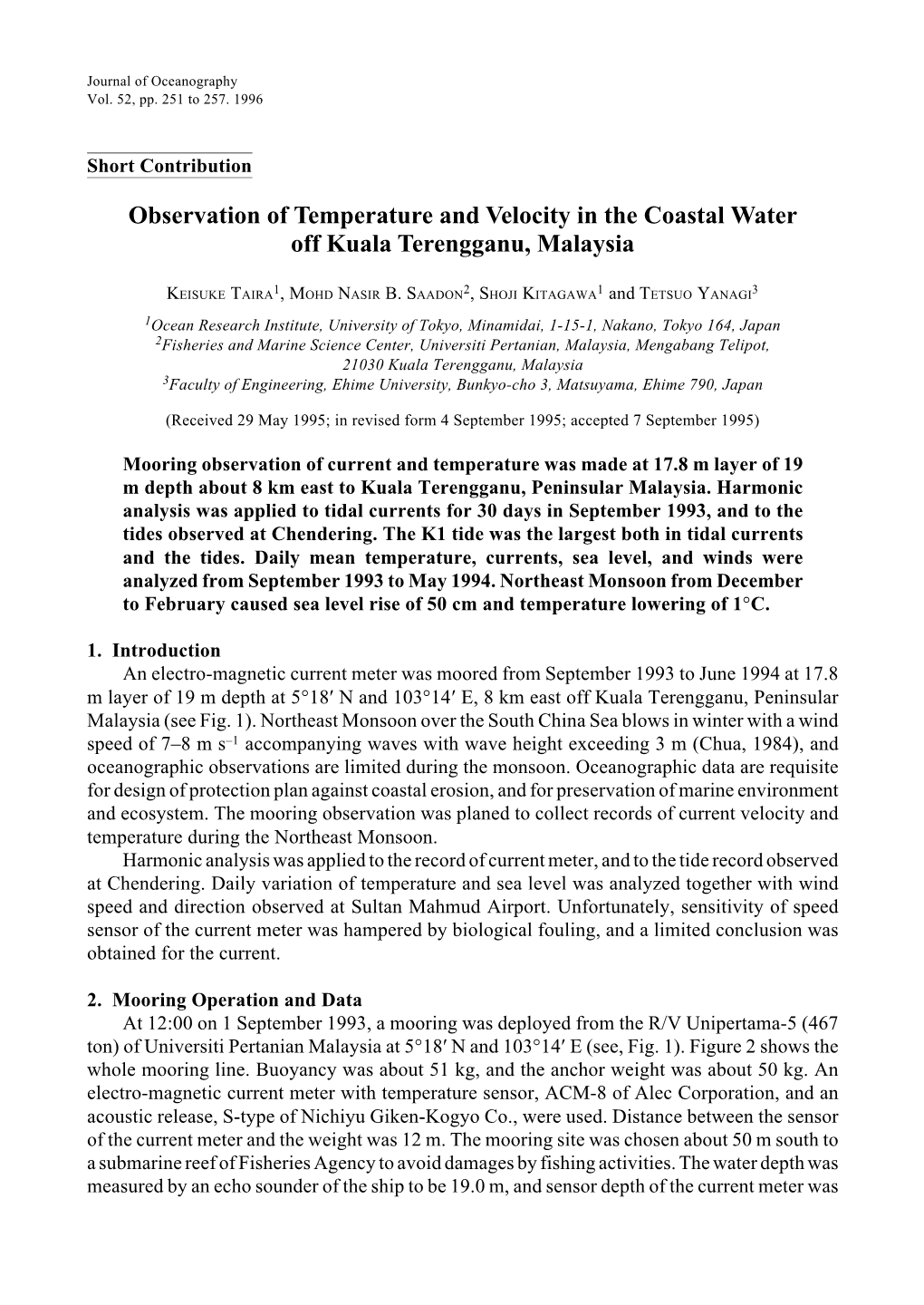 Observation of Temperature and Velocity in the Coastal Water Off Kuala Terengganu, Malaysia