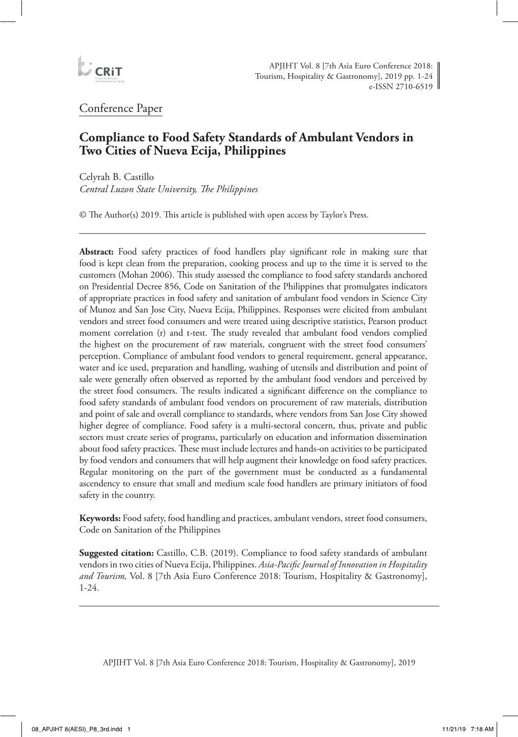 Compliance to Food Safety Standards of Ambulant Vendors in Two Cities of Nueva Ecija, Philippines