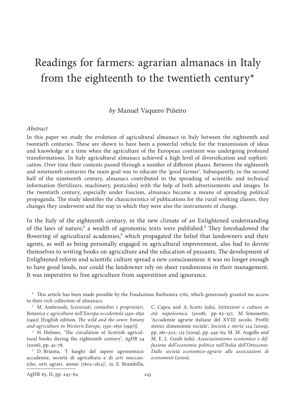 Readings for Farmers: Agrarian Almanacs in Italy from the Eighteenth to the Twentieth Century*