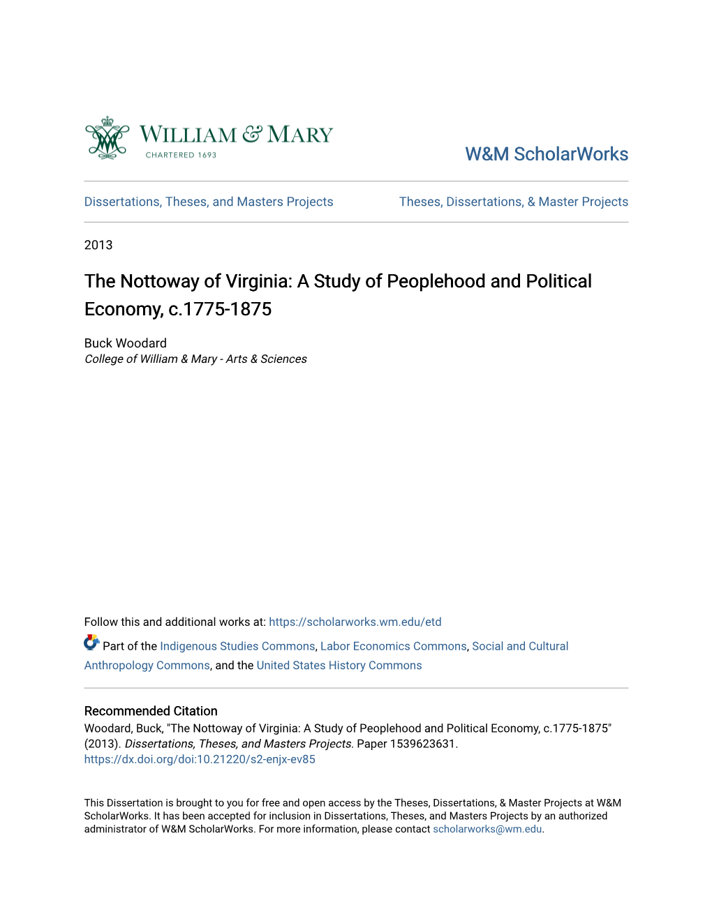 The Nottoway of Virginia: a Study of Peoplehood and Political Economy, C.1775-1875