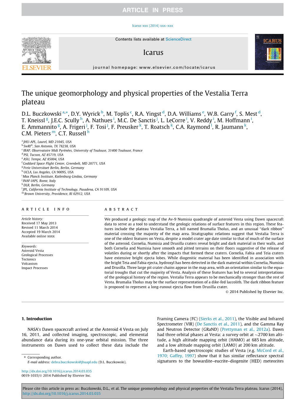 The Unique Geomorphology and Physical Properties of the Vestalia Terra Plateau ⇑ D.L