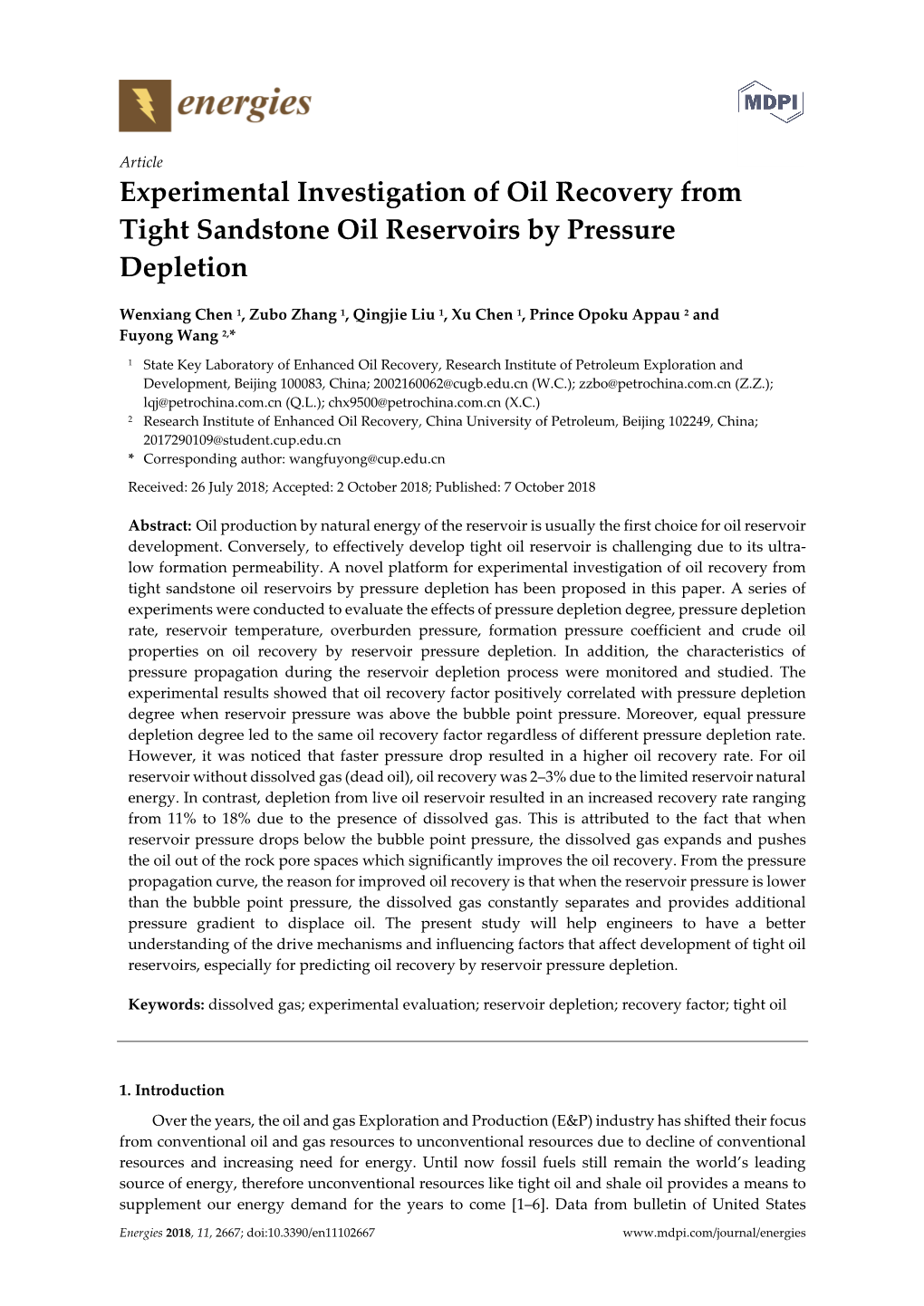 Experimental Investigation of Oil Recovery from Tight Sandstone Oil Reservoirs by Pressure Depletion