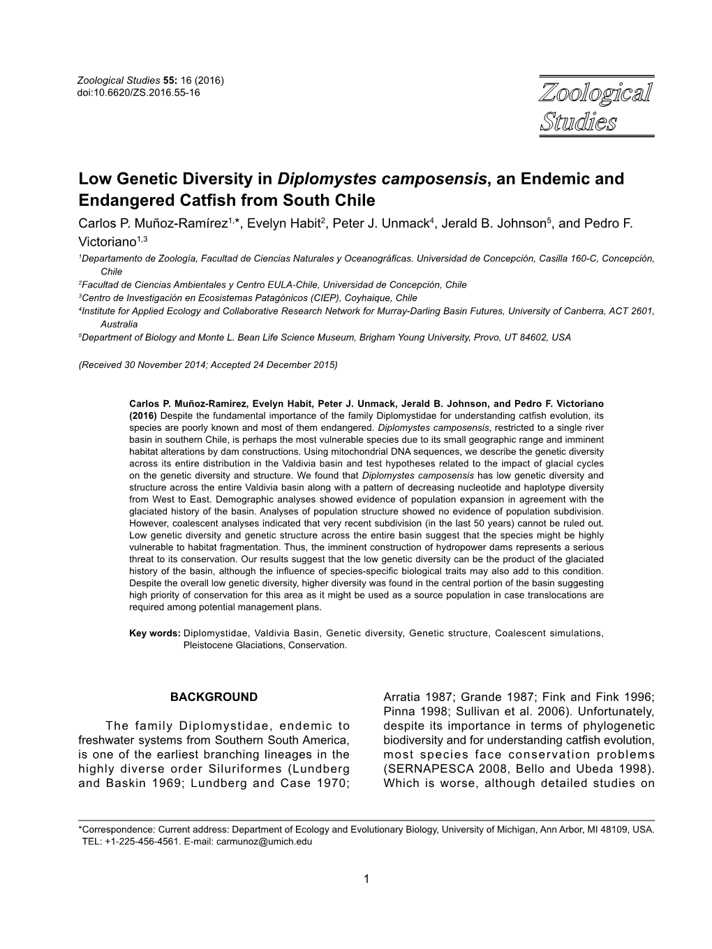 Low Genetic Diversity in Diplomystes Camposensis, an Endemic and Endangered Catfish from South Chile Carlos P