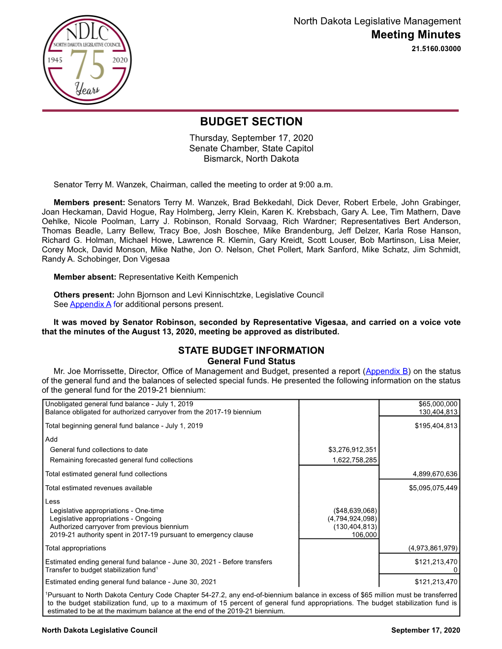 BUDGET SECTION Thursday, September 17, 2020 Senate Chamber, State Capitol Bismarck, North Dakota