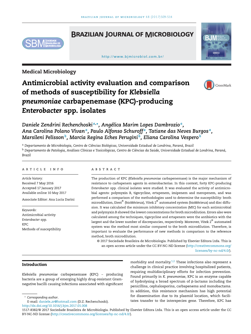 Antimicrobial Activity Evaluation and Comparison of Methods of Susceptibility for Klebsiella Pneumoniae Carbapenemase