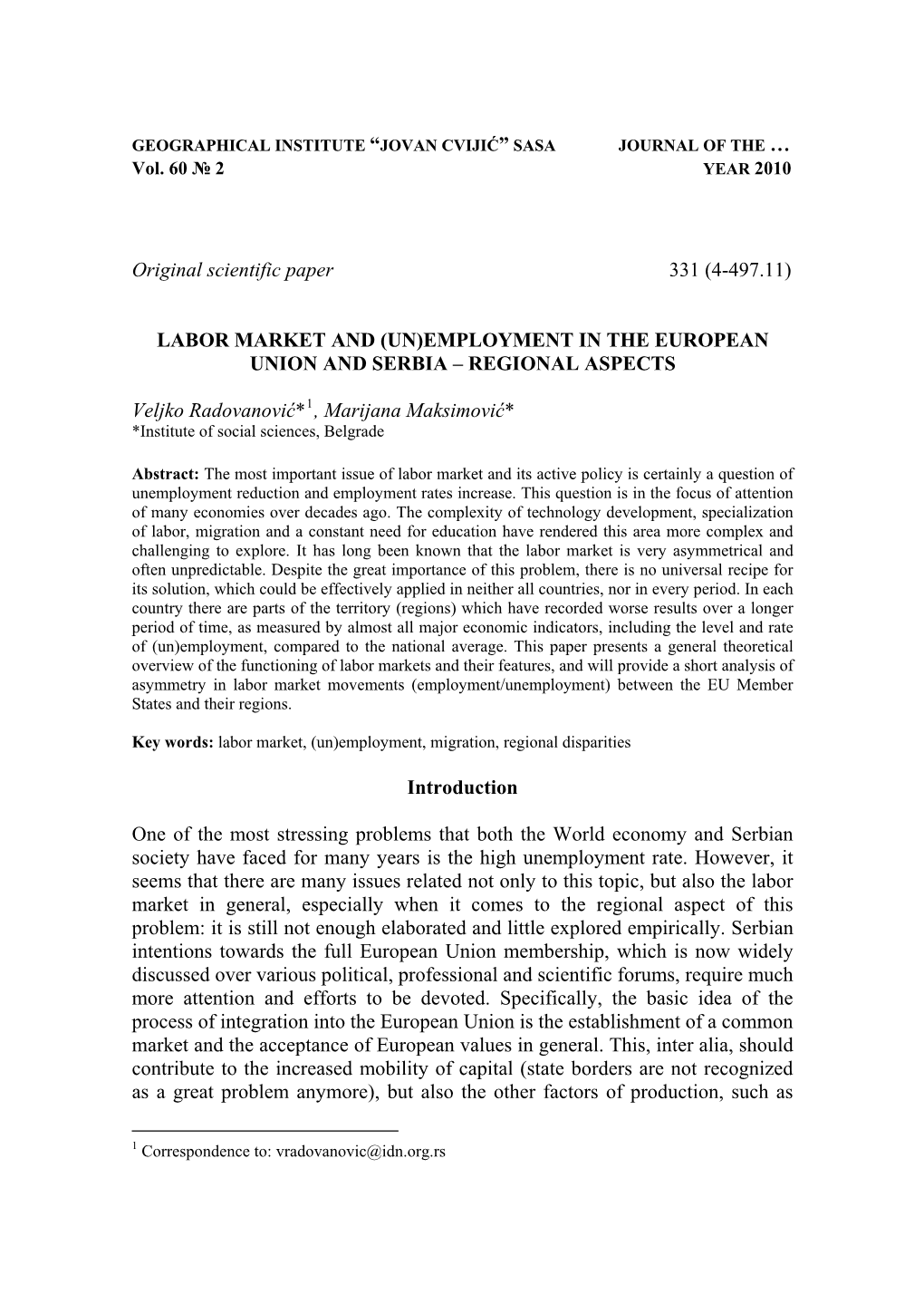 Labor Market and (Un)Employment in the European Union and Serbia – Regional Aspects